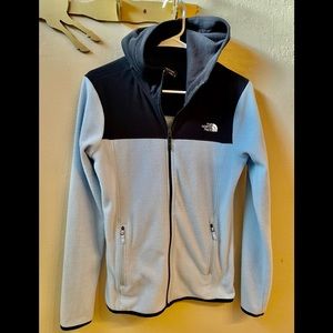 North face light blue & black fleece hooded full zip jacket XS